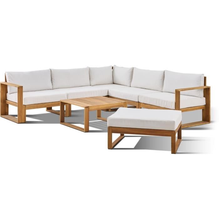 Salon de jardin d'angle modulable LEVATA XL - Bois d'acacia FSC - 8 personnes - Blanc cassé + Housse incluse