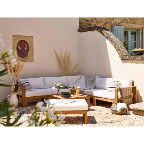 Salon de jardin d'angle modulable LEVATA XL - Bois d'acacia FSC - 8 personnes - Blanc cassé + Housse incluse