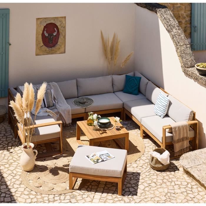 Salon de jardin d'angle modulable LEVATA XXL - Bois d'acacia FSC - 9 personnes - Gris de lin + Housse incluse