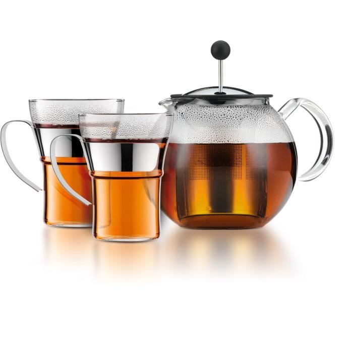 Théiere a piston - BODUM - ASSAM SET - 1.0 l avec couvercle, filtre inox + 2 tasses verre anse inox 0.35 l