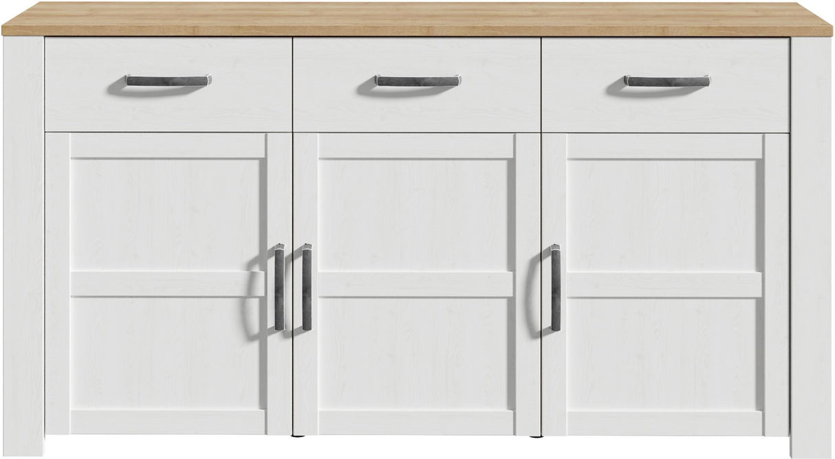 Buffet BOHOL Blanc – 3 Portes & 3 Tiroirs – L 166,1 × P 42 × H 87 cm – Chene Blanc & Effet Bois