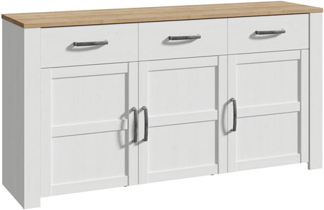 Buffet BOHOL Blanc – 3 Portes & 3 Tiroirs – L 166,1 × P 42 × H 87 cm – Chene Blanc & Effet Bois