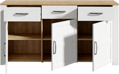 Buffet BOHOL Blanc – 3 Portes & 3 Tiroirs – L 166,1 × P 42 × H 87 cm – Chene Blanc & Effet Bois