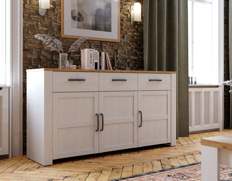 Buffet BOHOL Blanc – 3 Portes & 3 Tiroirs – L 166,1 × P 42 × H 87 cm – Chene Blanc & Effet Bois