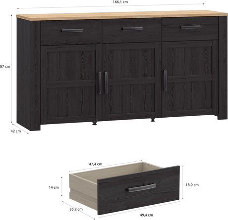 Buffet BOHOL  Noir – 3 Portes & 3 Tiroirs – L 166,1 × P 47 × H 87 cm – Chene Noir & Effet Bois