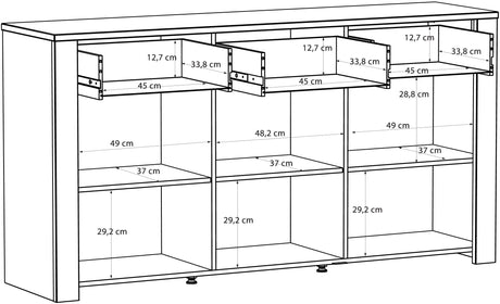 Buffet BOHOL  Noir – 3 Portes & 3 Tiroirs – L 166,1 × P 47 × H 87 cm – Chene Noir & Effet Bois