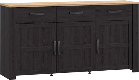 Buffet BOHOL  Noir – 3 Portes & 3 Tiroirs – L 166,1 × P 47 × H 87 cm – Chene Noir & Effet Bois