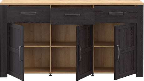 Buffet BOHOL  Noir – 3 Portes & 3 Tiroirs – L 166,1 × P 47 × H 87 cm – Chene Noir & Effet Bois