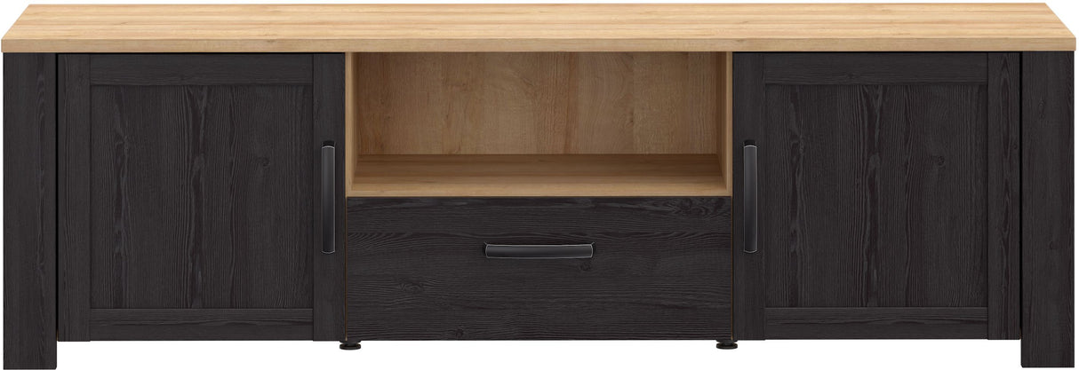 Meuble TV BOHOL Noir & Chene – 2 Portes + 1 Tiroir + 1 Niche – L 166,1 × P 42 × H 51,8 cm