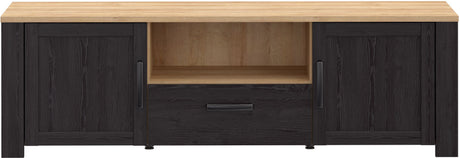 Meuble TV BOHOL Noir & Chene – 2 Portes + 1 Tiroir + 1 Niche – L 166,1 × P 42 × H 51,8 cm