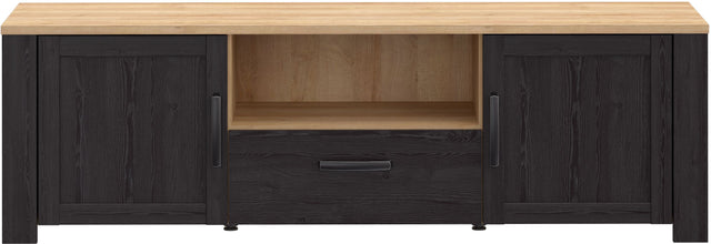 Meuble TV BOHOL Noir & Chene – 2 Portes + 1 Tiroir + 1 Niche – L 166,1 × P 42 × H 51,8 cm