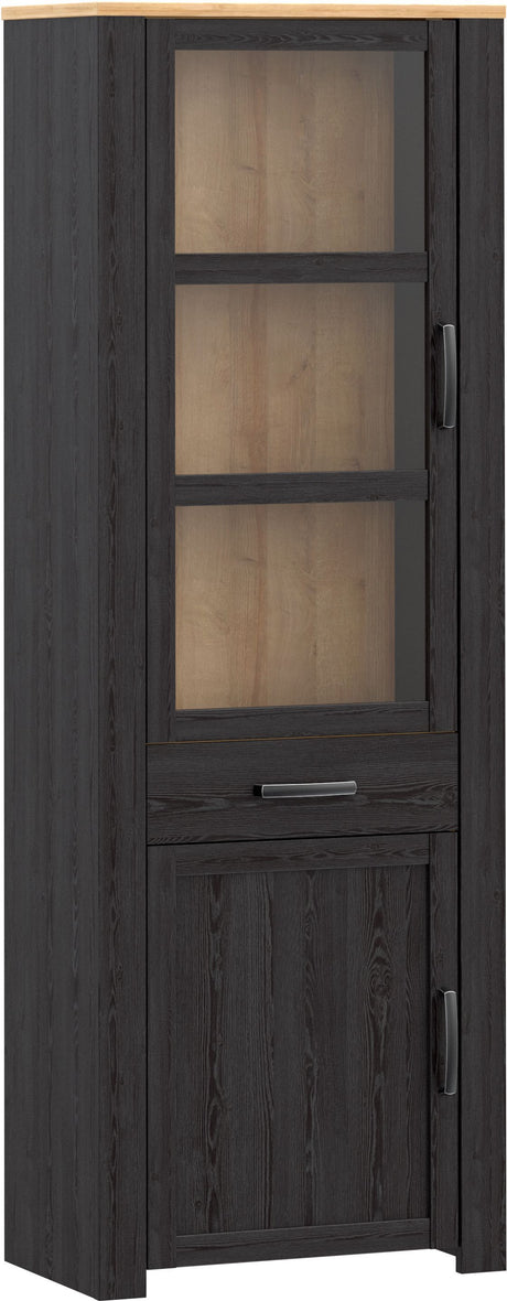 Vitrine Haute BOHOL Noire – 2 Portes dont 1 Vitrée + 1 Tiroir – L 71,7 × P 42 × H 205,4 cm