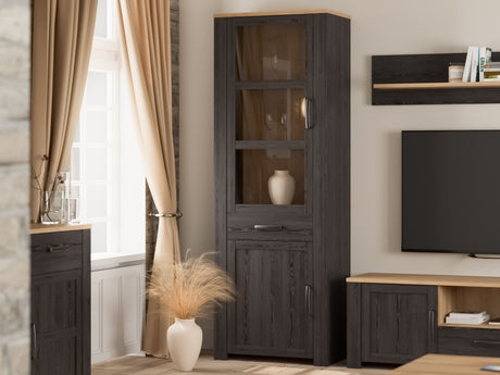 Vitrine Haute BOHOL Noire – 2 Portes dont 1 Vitrée + 1 Tiroir – L 71,7 × P 42 × H 205,4 cm