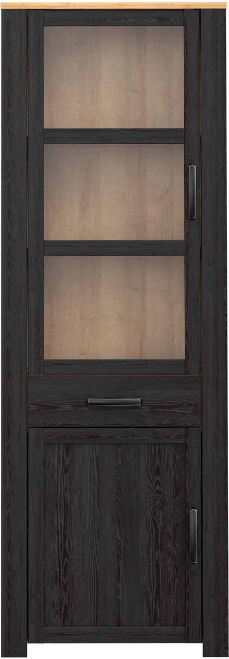 Vitrine Haute BOHOL Noire – 2 Portes dont 1 Vitrée + 1 Tiroir – L 71,7 × P 42 × H 205,4 cm