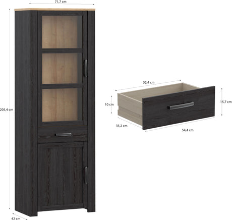 Vitrine Haute BOHOL Noire – 2 Portes dont 1 Vitrée + 1 Tiroir – L 71,7 × P 42 × H 205,4 cm