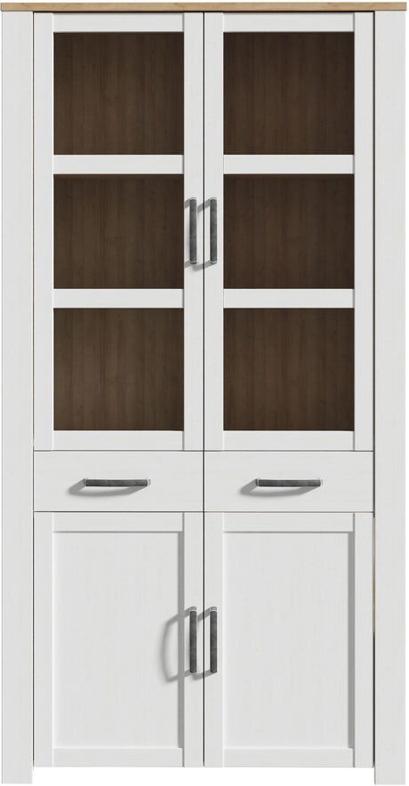 Vitrine Large BOHOL Blanche – 4 Portes dont 2 Vitrées + 2 Tiroirs – L 106,4 × P 42 × H 205,4 cm