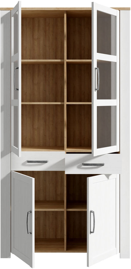 Vitrine Large BOHOL Blanche – 4 Portes dont 2 Vitrées + 2 Tiroirs – L 106,4 × P 42 × H 205,4 cm