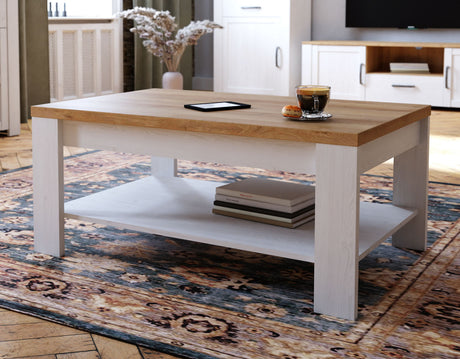 Table Basse Rectangle BOHOL – Chene Blanc & Beige – Double Plateau – L 100 × P 60 × H 45,7 cm