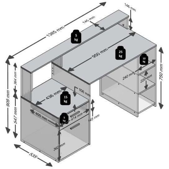 Bureau avec réhausse et rangements BOLTON - Mélamine gris béton/antracite - L138,5 x H91,6 x P53,5 cm