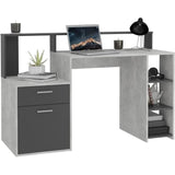 Bureau avec réhausse et rangements BOLTON - Mélamine gris béton/antracite - L138,5 x H91,6 x P53,5 cm