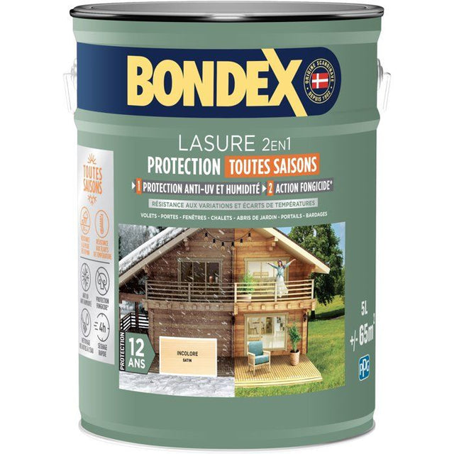 Lasure 2 en 1 protection extérieure - Incolore - Satin - Protection 12 ans - Toutes saisons - Bondex - 5L
