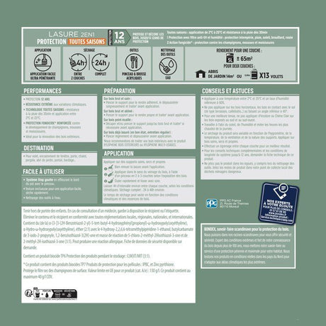 Lasure 2 en 1 protection extérieure - Chene Clair - Satin - Protection 12 ans - Toutes saisons - Bondex - 5L