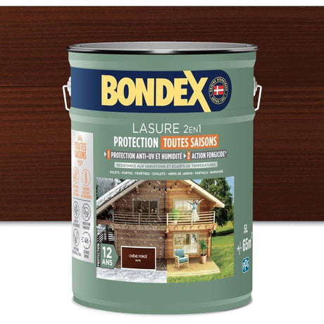 Lasure 2 en 1 protection extérieure - Chene Foncé - Satin - Protection 12 ans - Toutes saisons - Bondex - 5L