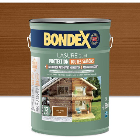 Lasure 2 en 1 protection extérieure - Chene Moyen - Satin - Protection 12 ans - Toutes saisons - Bondex - 5L