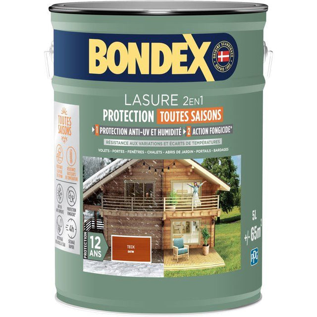 Lasure 2 en 1 protection extérieure - Teck - Satin - Protection 12 ans - Toutes saisons - Bondex - 5L