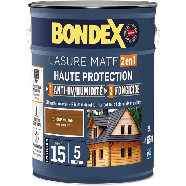 Lasure 2 en 1 Haute protection - Chene moyen satin - BONDEX - 5 L