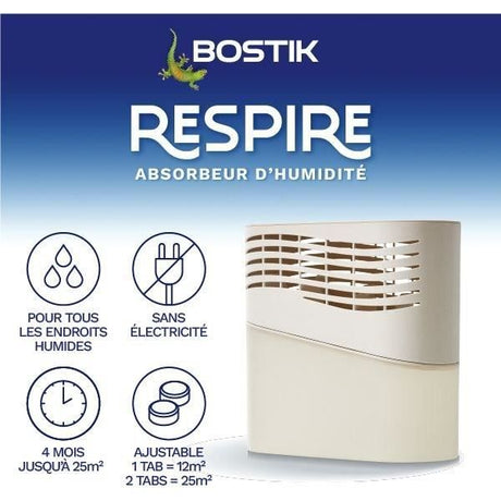 Absorbeur d'humidité - BOSTIK - Respire - Jusqu'a 25 m˛ - 2 recharges sans parfum - 2 x 250 g