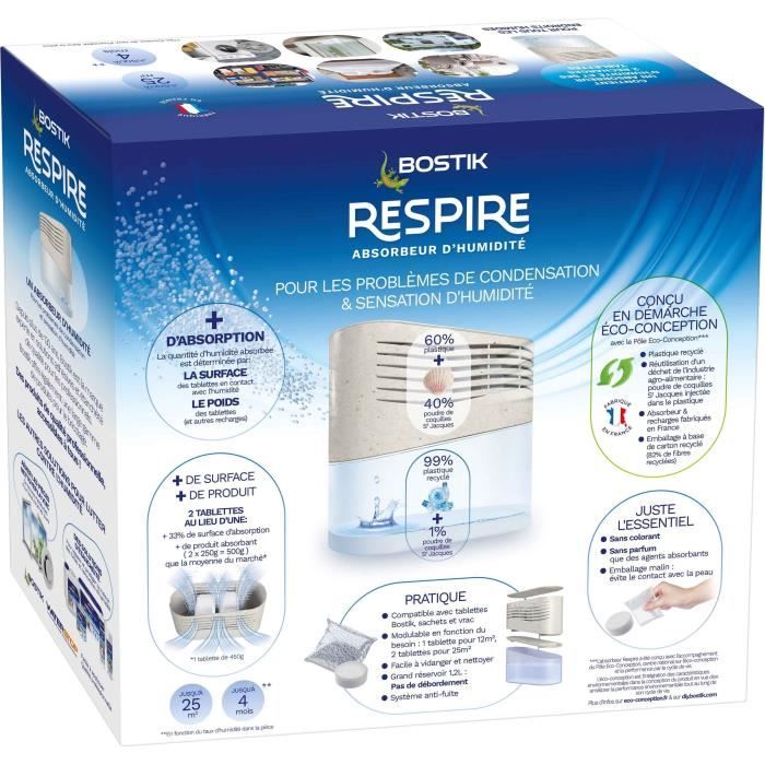 Absorbeur d'humidité - BOSTIK - Respire - Jusqu'a 25 m² - 2 recharges sans parfum - 2 x 250 g
