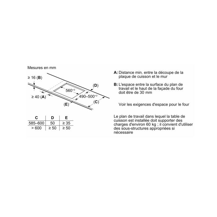 Table induction 60 cm - BOSCH Série 6 - 4 foyers - Noir - H5,1 x L59,2 x52,2 cm - PIE631HB1E