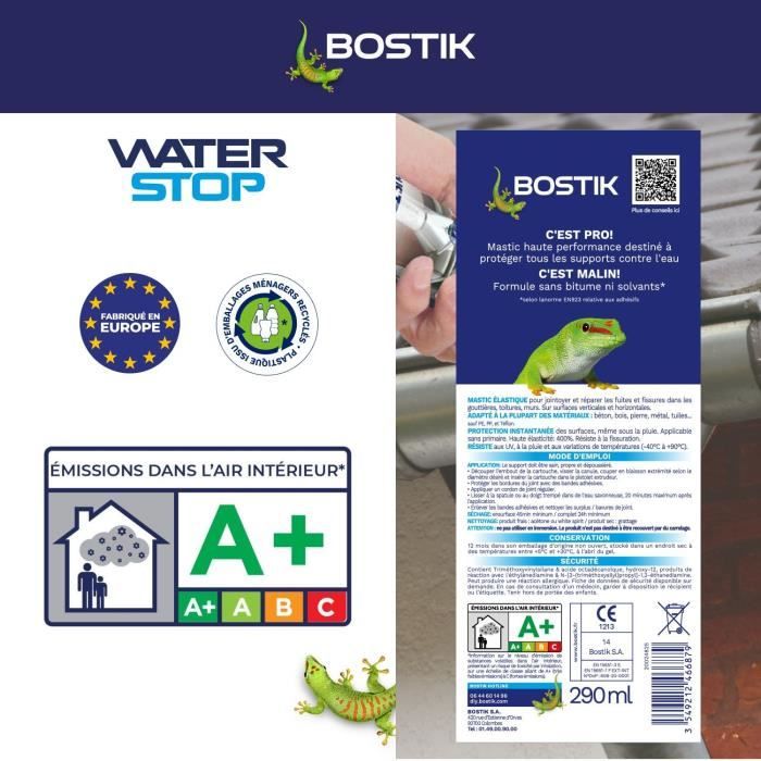 Membrane d'étanchéité - BOSTIK - Waterstop - Réparation fuites - Cartouche 290 ml - Gris