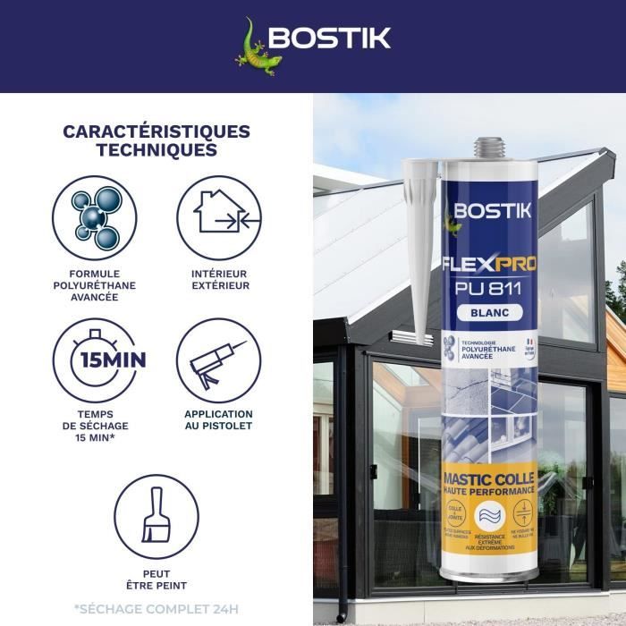 Mastic colle/joint - BOSTIK - Flexpro PU811 - Tous matériaux - Intérieur/extérieur - Blanc - 300 ml