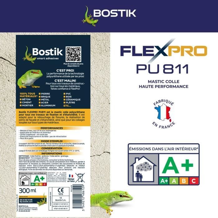 Mastic colle/joint - BOSTIK - Flexpro PU811 - Tous matériaux - Intérieur/extérieur - Blanc - 300 ml