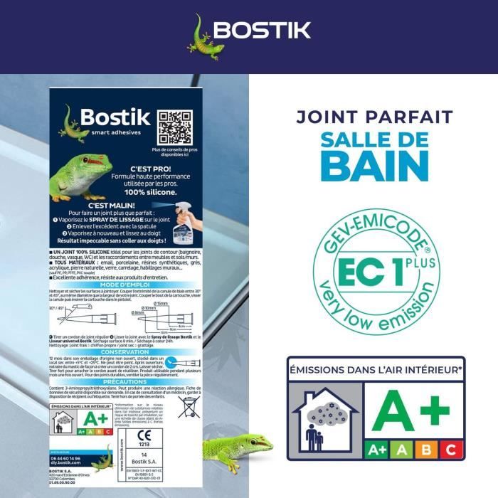 Mastic salle de bain - BOSTIK - Joint Parfait - Étanchéité silicone - Anti moisissures - Blanc - 280 ml
