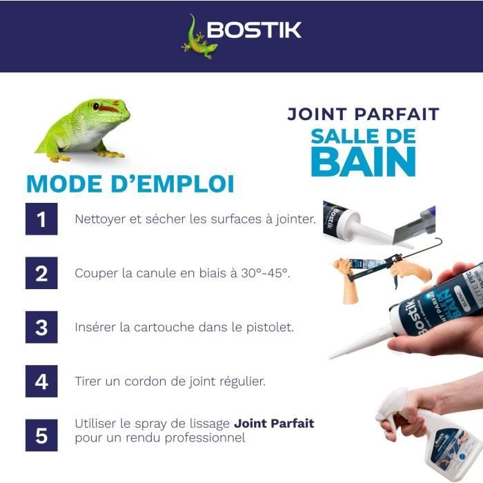 Mastic salle de bain - BOSTIK - Joint Parfait - Étanchéité silicone - Anti moisissures - Blanc - 280 ml