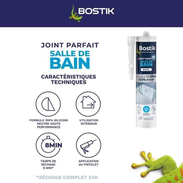 Mastic salle de bain - BOSTIK - Joint Parfait - Étanchéité silicone - Anti moisissures - Blanc - 280 ml