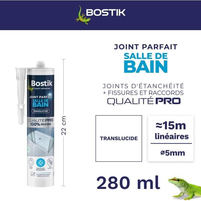 Mastic salle de bain - BOSTIK - Joint Parfait - Étanchéité silicone - Anti moisissures - Transparent - 280 ml