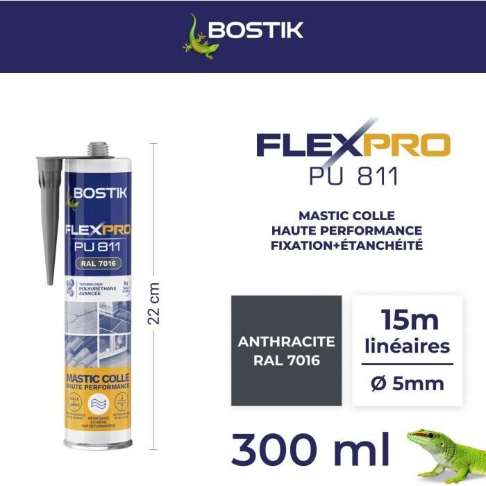 Mastic colle/joint - BOSTIK - Flexpro PU811 - Tous matériaux - Intérieur/extérieur - Anthracite RAL7016 - 300 ml