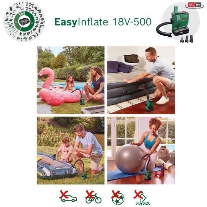 gonfleur sans fil BOSCH Easyinflate 18V-500  livré avec 3 buses a air, tuyau 50 cm, sac textile sans batterie ni chargeur 0603947200