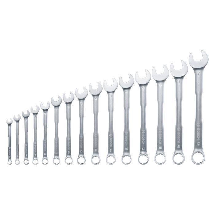 Bosch Set de 15 clés mixtes (clés plates robustes universelles  métrique 6-21 mm  design ergonomique)