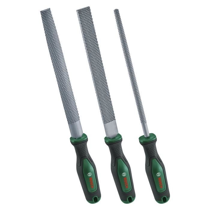 Bosch Set de 3 râpes (râpes a bois robustes plates/rondes/demi-rondes  acier au carbone dur)