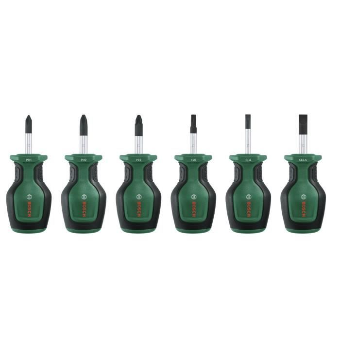 Bosch Set de 6 tournevis courts (pour endroits restreints  PH/PZ/TX/Plat  acier S2  couple élevé  embout magnétique)