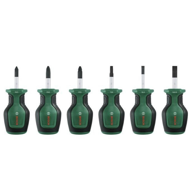 Bosch Set de 6 tournevis courts (pour endroits restreints  PH/PZ/TX/Plat  acier S2  couple élevé  embout magnétique)