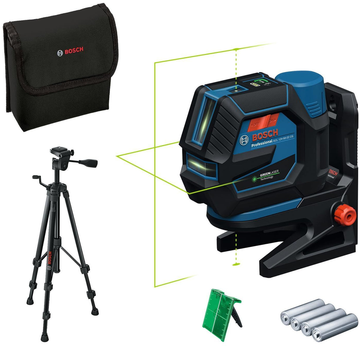 Bosch Professional laser combiné GCL 12V-50-22 CG (jusqu'a 50m, Dual Power, support RM20, 4 piles 1,5V, housse,  Trépied BT 150)