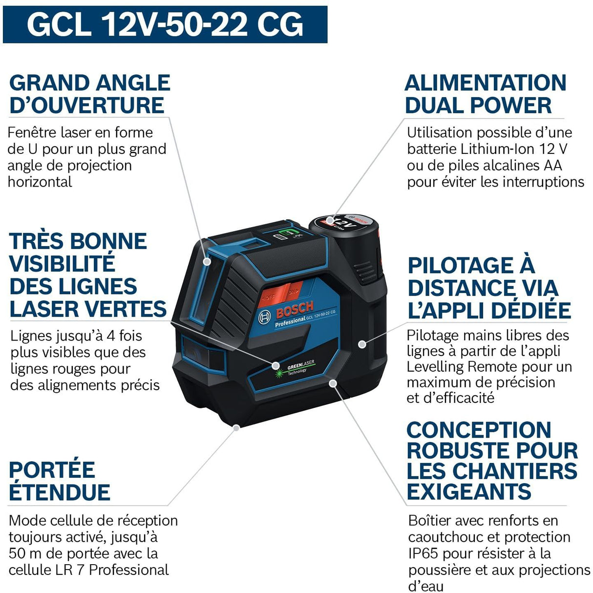 Bosch Professional laser combiné GCL 12V-50-22 CG (jusqu'a 50m, Dual Power, support RM20, 4 piles 1,5V, housse,  Trépied BT 150)