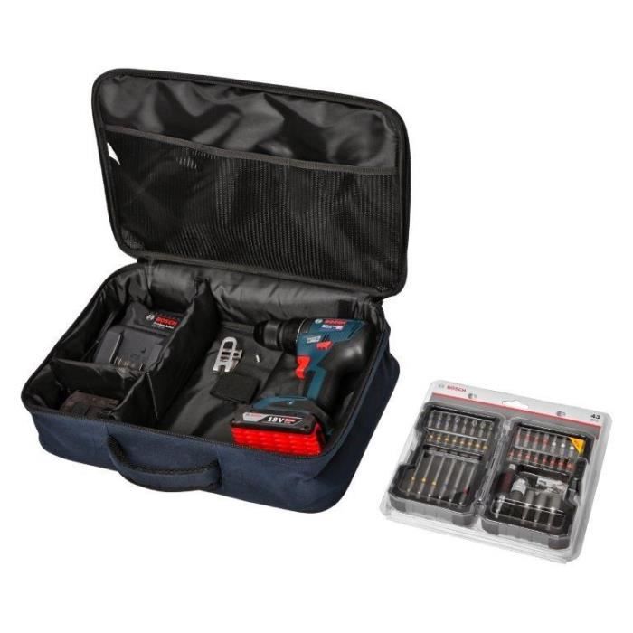 Perceuse-visseuse Bosch Professional GSR 18V-50 + 2 batteries 2,0Ah + chargeur GAL 18V-20 + 43 accessoires + Sacoche