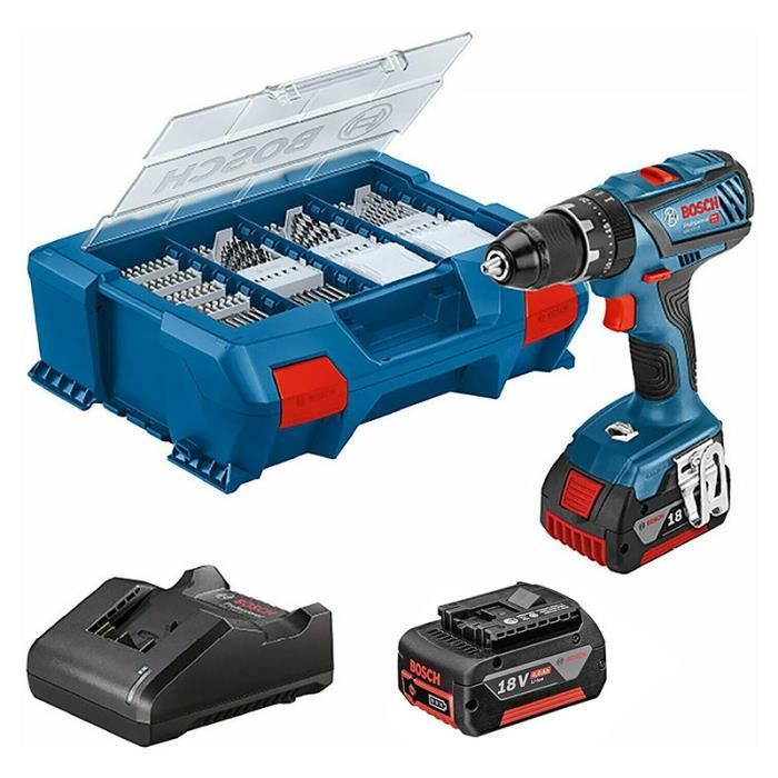 Perceuse-visseuse a percussion - Bosch - GSB 18V-21 - 2 batteries 4Ah - 82 accessoires - 18V